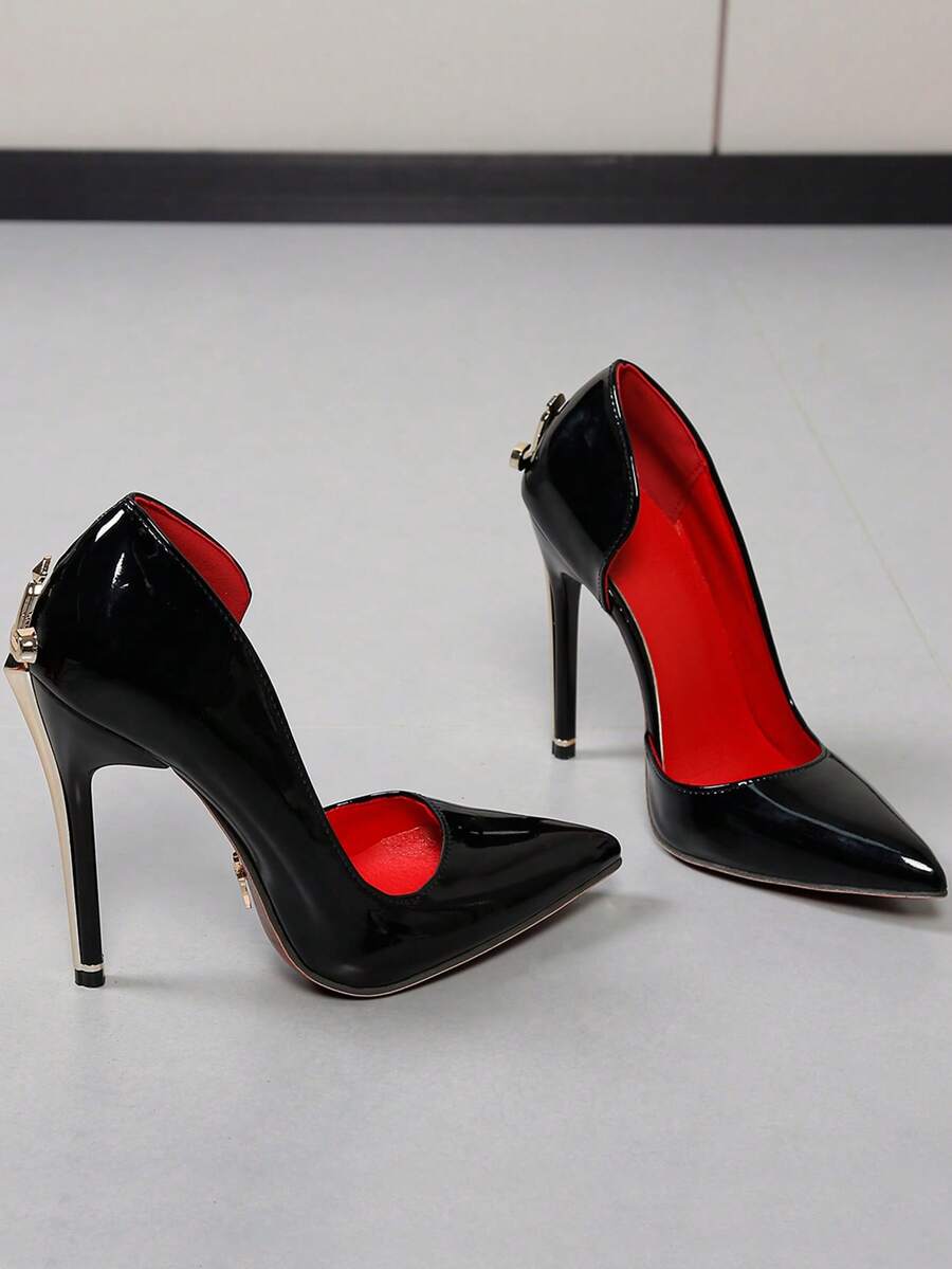 Glossy black pointed toe stiletto high heel pumps with bow detail for women