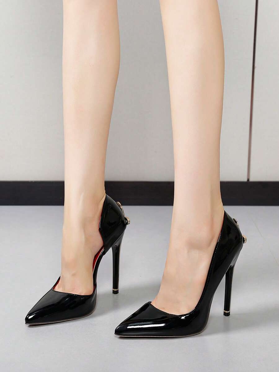 Glossy black pointed toe stiletto high heel pumps with bow detail for women