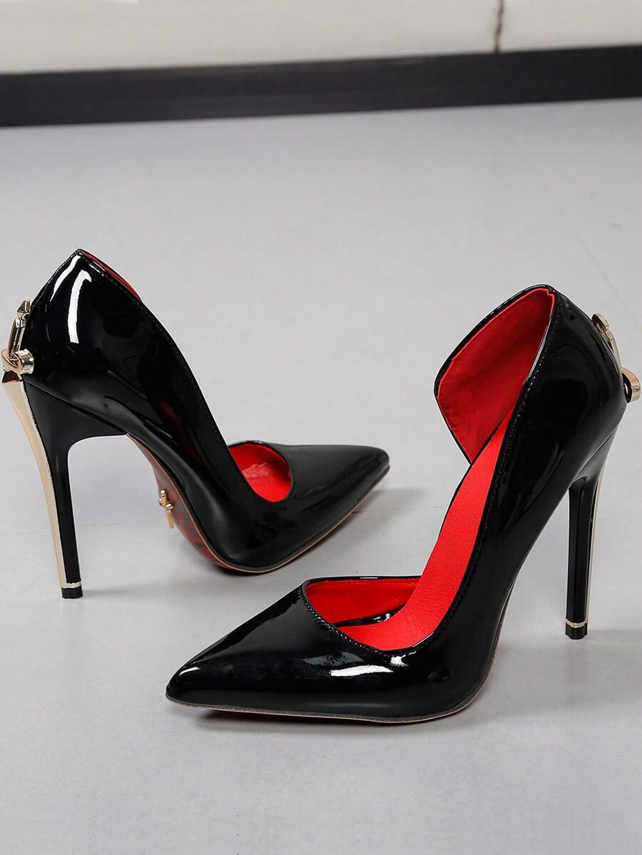 Glossy black pointed toe stiletto high heel pumps with bow detail for women