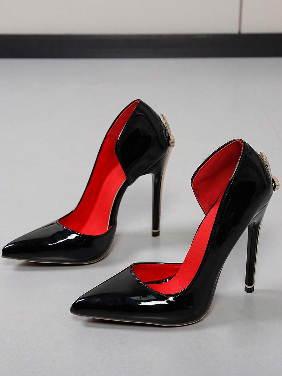 Glossy black pointed toe stiletto high heel pumps with bow detail for women