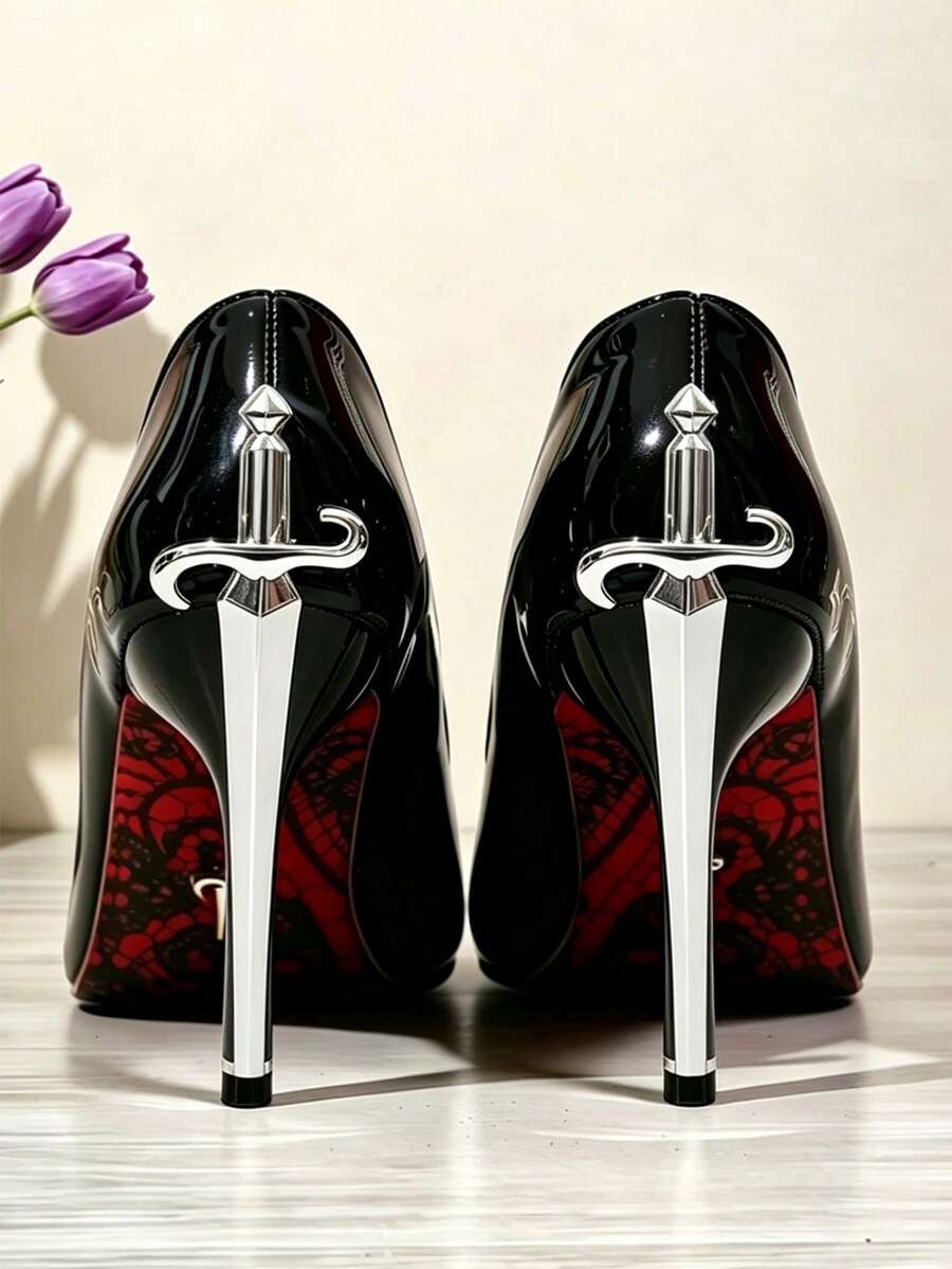 Glossy black pointed toe stiletto high heel pumps with bow detail for women