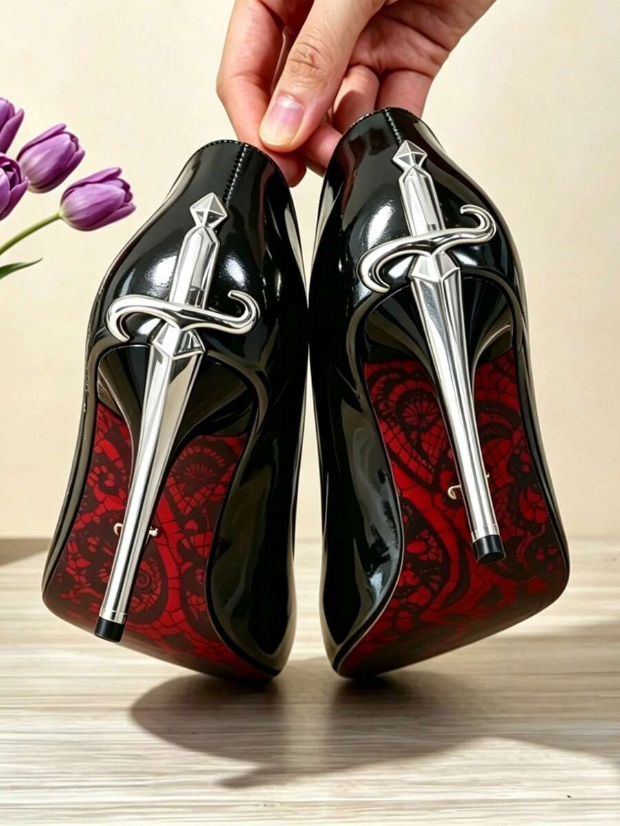 Glossy black pointed toe stiletto high heel pumps with bow detail for women