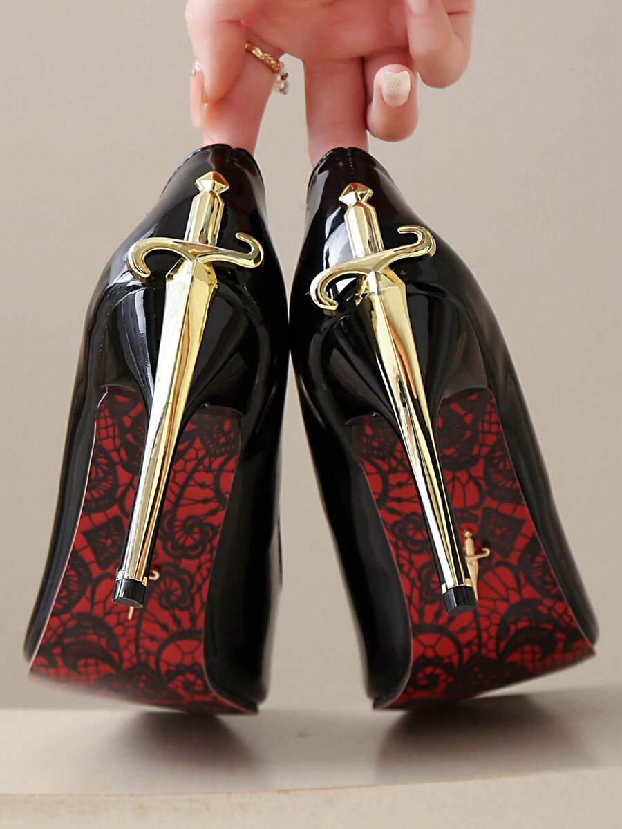 Glossy black pointed toe stiletto high heel pumps with bow detail for women