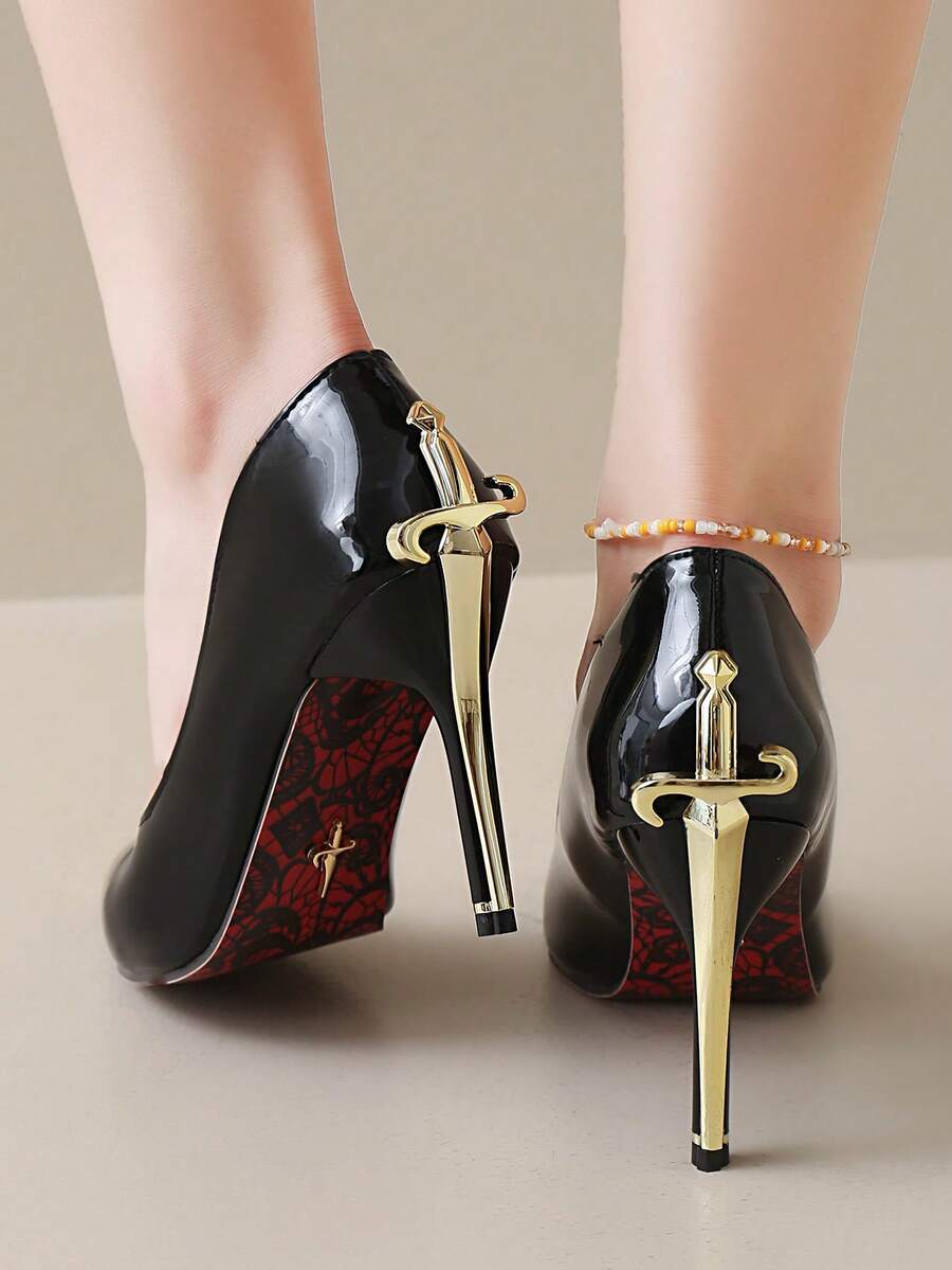 Glossy black pointed toe stiletto high heel pumps with bow detail for women