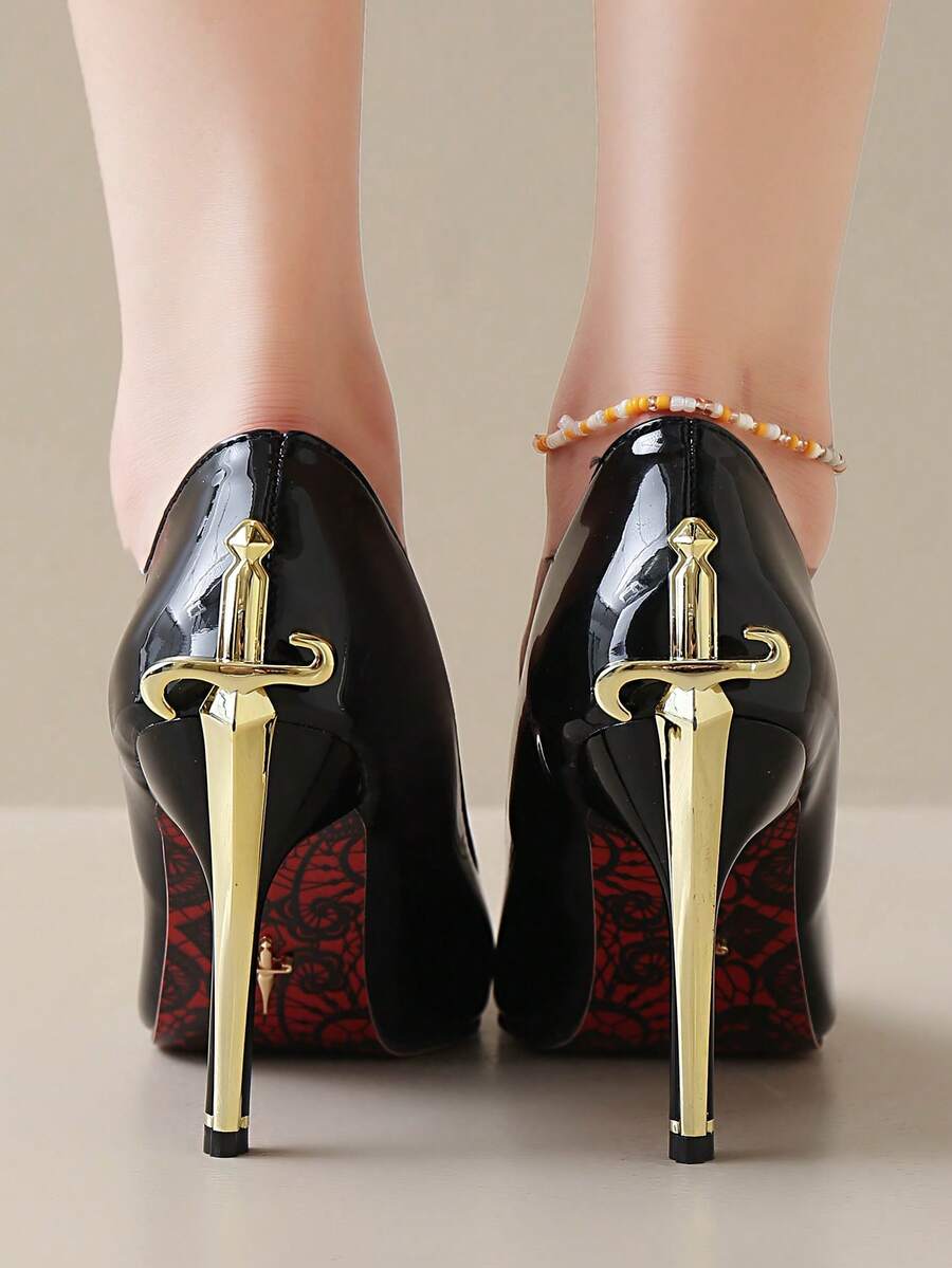 Glossy black pointed toe stiletto high heel pumps with bow detail for women