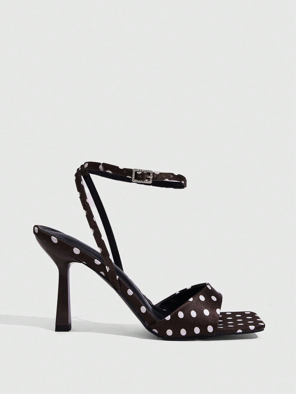 Women's open square toe stiletto high heel sandals featuring thin ankle straps and buckle closure.