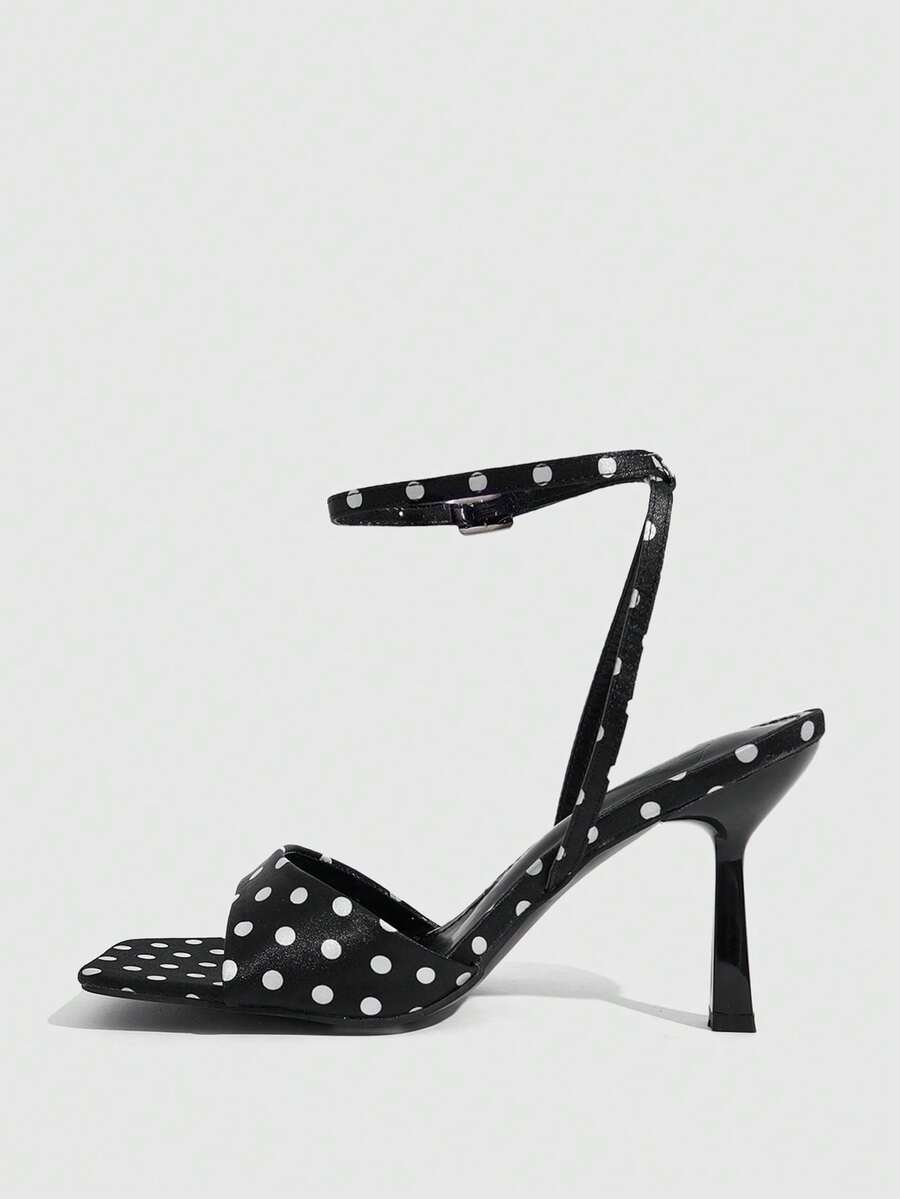 Women's open square toe stiletto high heel sandals featuring thin ankle straps and buckle closure.