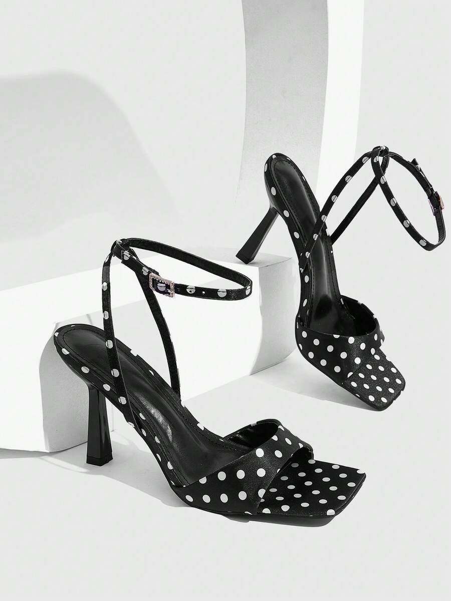 Women's open square toe stiletto high heel sandals featuring thin ankle straps and buckle closure.