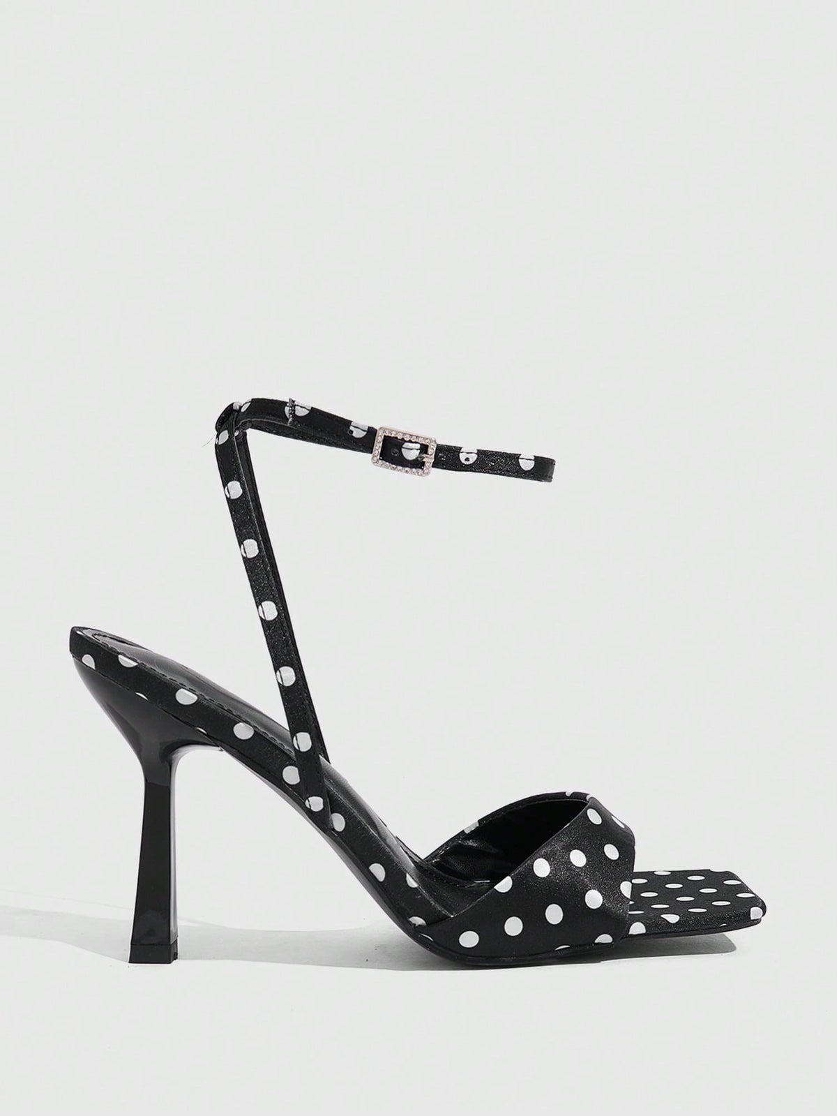 Women's open square toe stiletto high heel sandals featuring thin ankle straps and buckle closure.