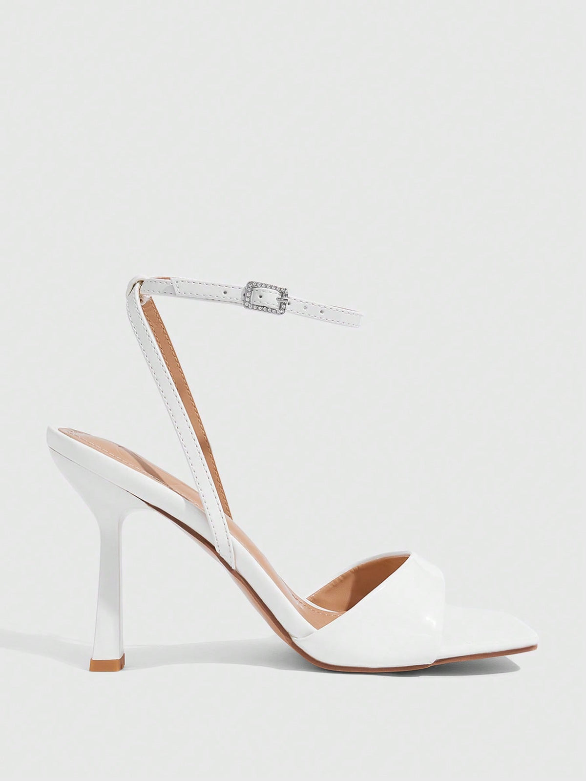 Women's open square toe stiletto high heel sandals featuring thin ankle straps and buckle closure.