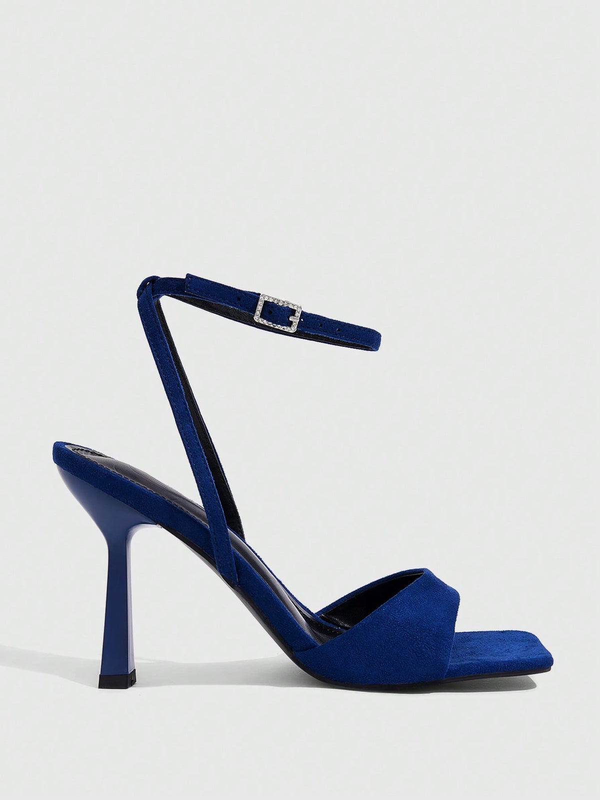 Women's open square toe stiletto high heel sandals featuring thin ankle straps and buckle closure.