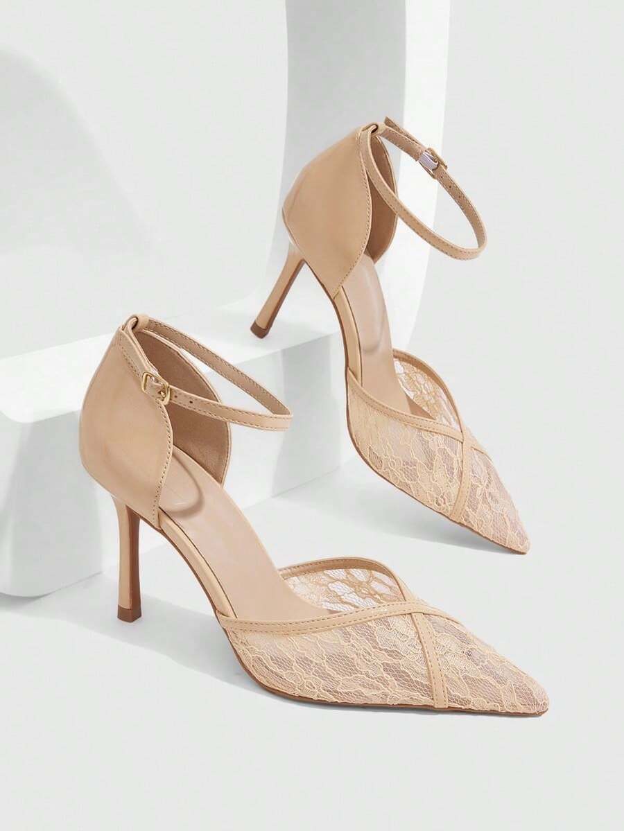 Women's pointed toe high heel slingback shoes featuring a stylish front twist detail, stiletto heel, and adjustable ankle buckle strap.