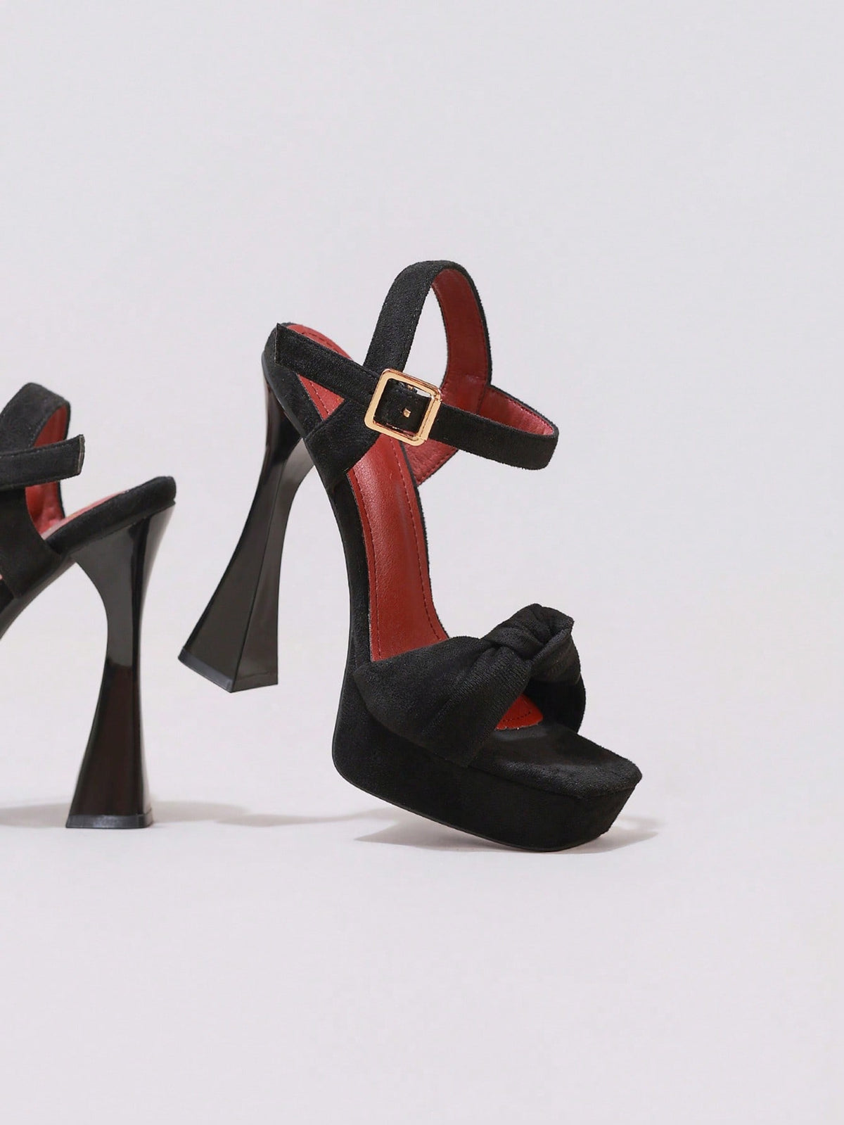 Lace embroidered open toe high heel sandals featuring a chunky square heel, platform wedge, and ankle strap buckle closure.
