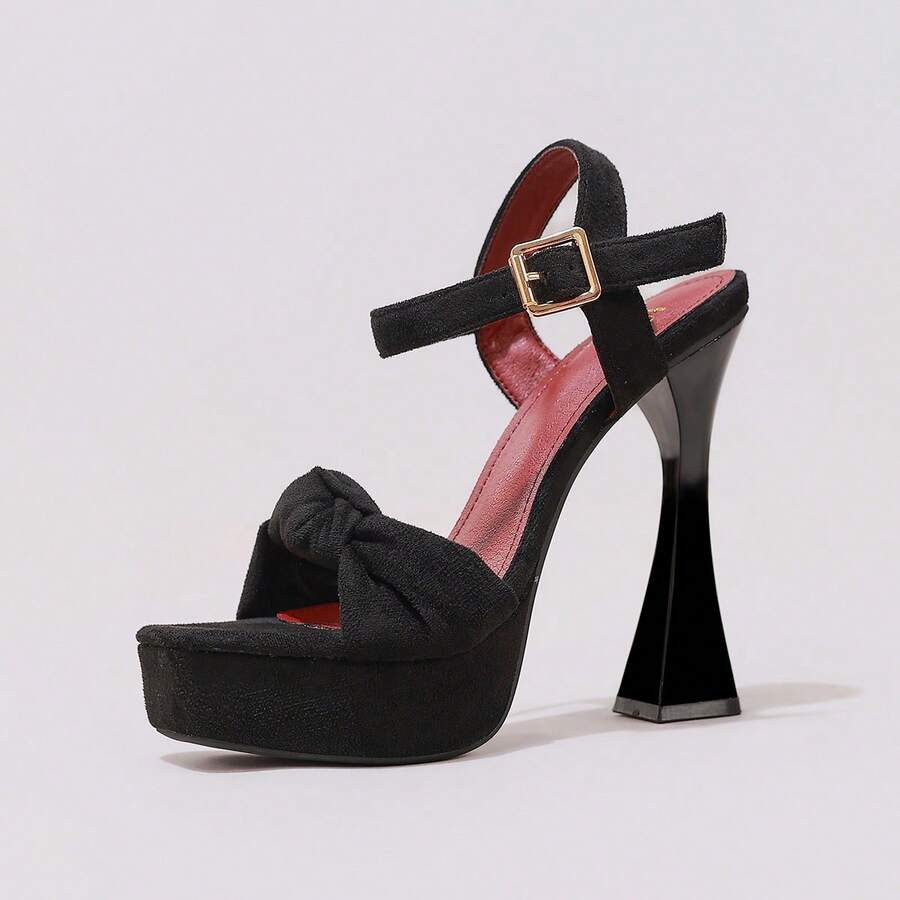 Lace embroidered open toe high heel sandals featuring a chunky square heel, platform wedge, and ankle strap buckle closure.