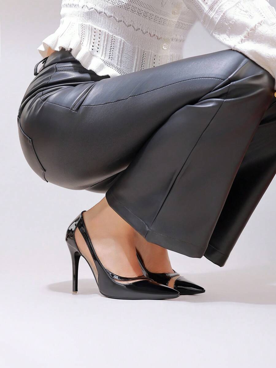 Black lace pointed toe high heel pumps featuring stiletto heels and a decorative bow accent.
