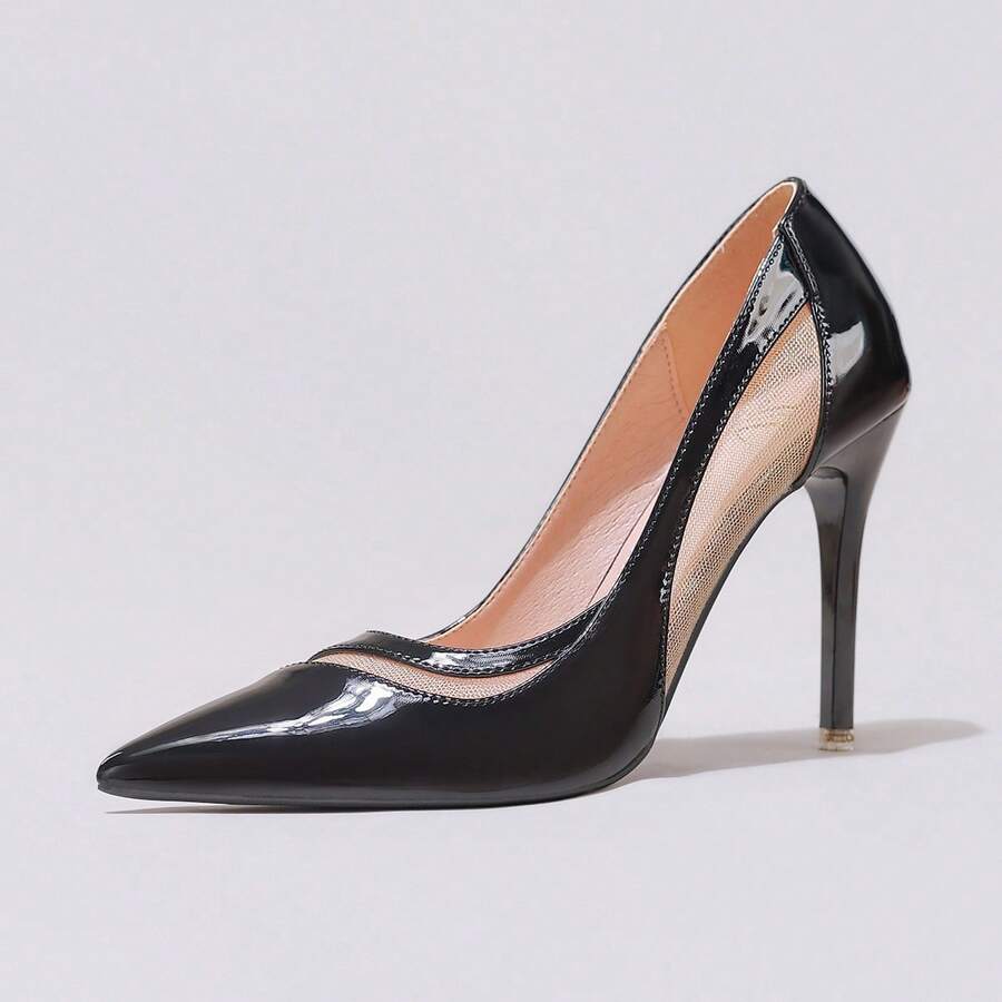 Black lace pointed toe high heel pumps featuring stiletto heels and a decorative bow accent.