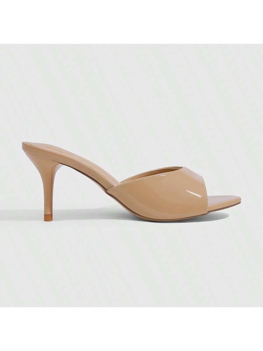 Women's slip on kitten heel mules and open toe heeled sandals in apricot