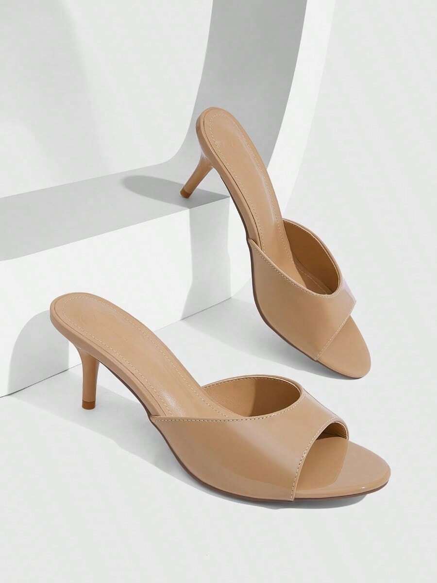 Women's slip on kitten heel mules and open toe heeled sandals in apricot