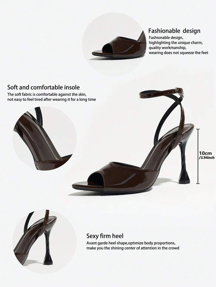 Women's black open toe stiletto heel sandals featuring lace mesh detailing, wide strap styling, and high stiletto heels.