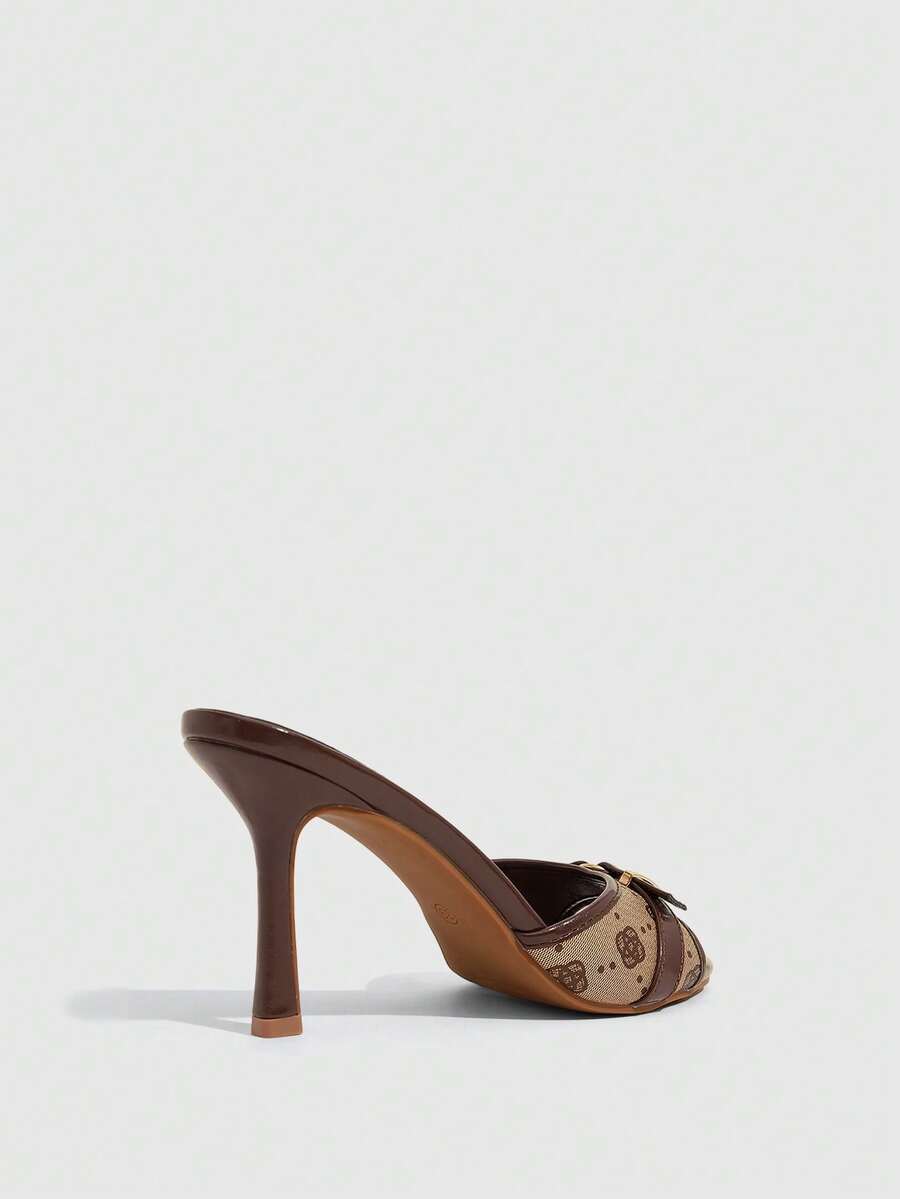 Brown PU leather open round toe high heel mule sandals with gold buckle detail and grommet eyelets for women