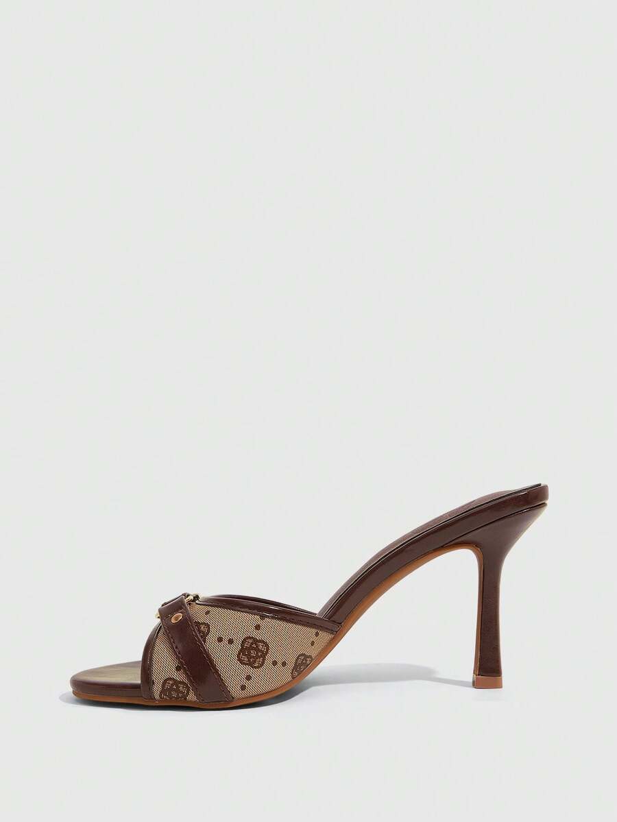 Brown PU leather open round toe high heel mule sandals with gold buckle detail and grommet eyelets for women