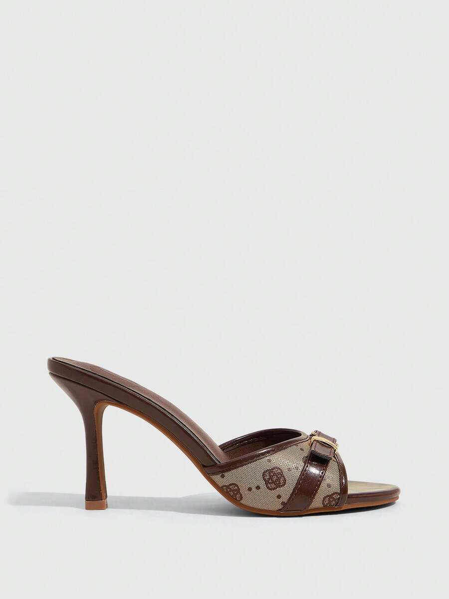 Brown PU leather open round toe high heel mule sandals with gold buckle detail and grommet eyelets for women
