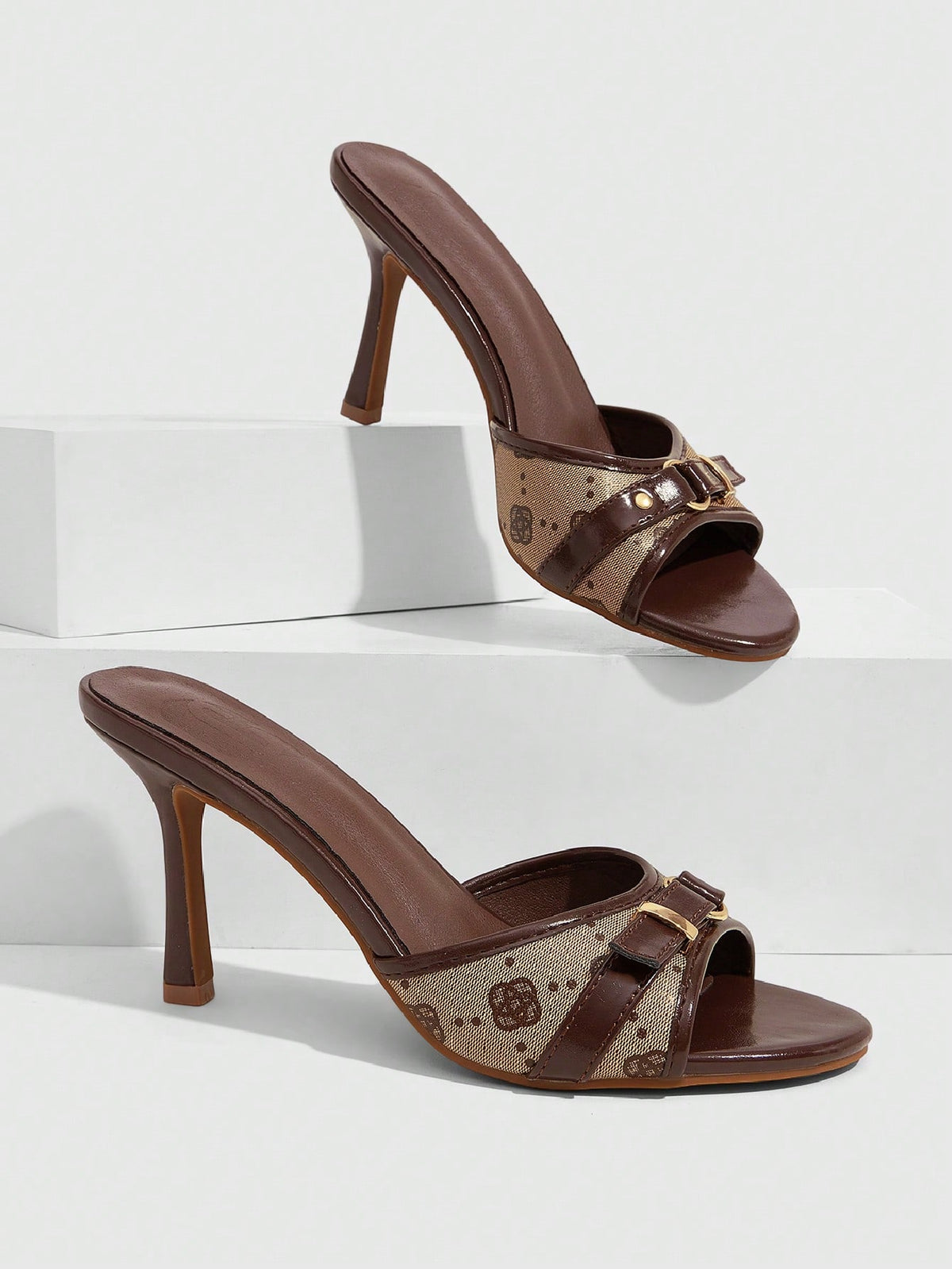 Brown PU leather open round toe high heel mule sandals with gold buckle detail and grommet eyelets for women