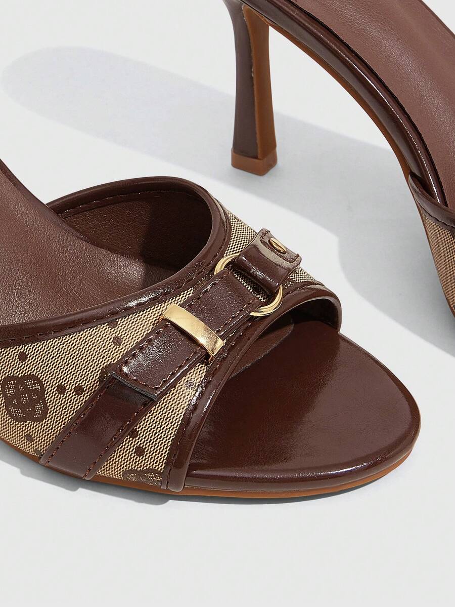 Brown PU leather open round toe high heel mule sandals with gold buckle detail and grommet eyelets for women