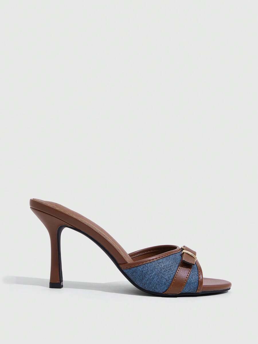 Brown PU leather open round toe high heel mule sandals with gold buckle detail and grommet eyelets for women