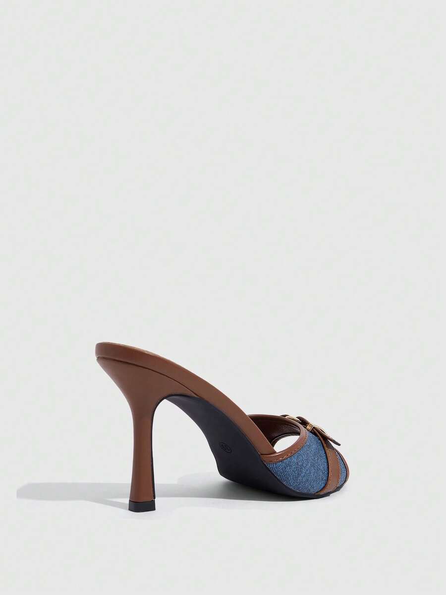 Brown PU leather open round toe high heel mule sandals with gold buckle detail and grommet eyelets for women