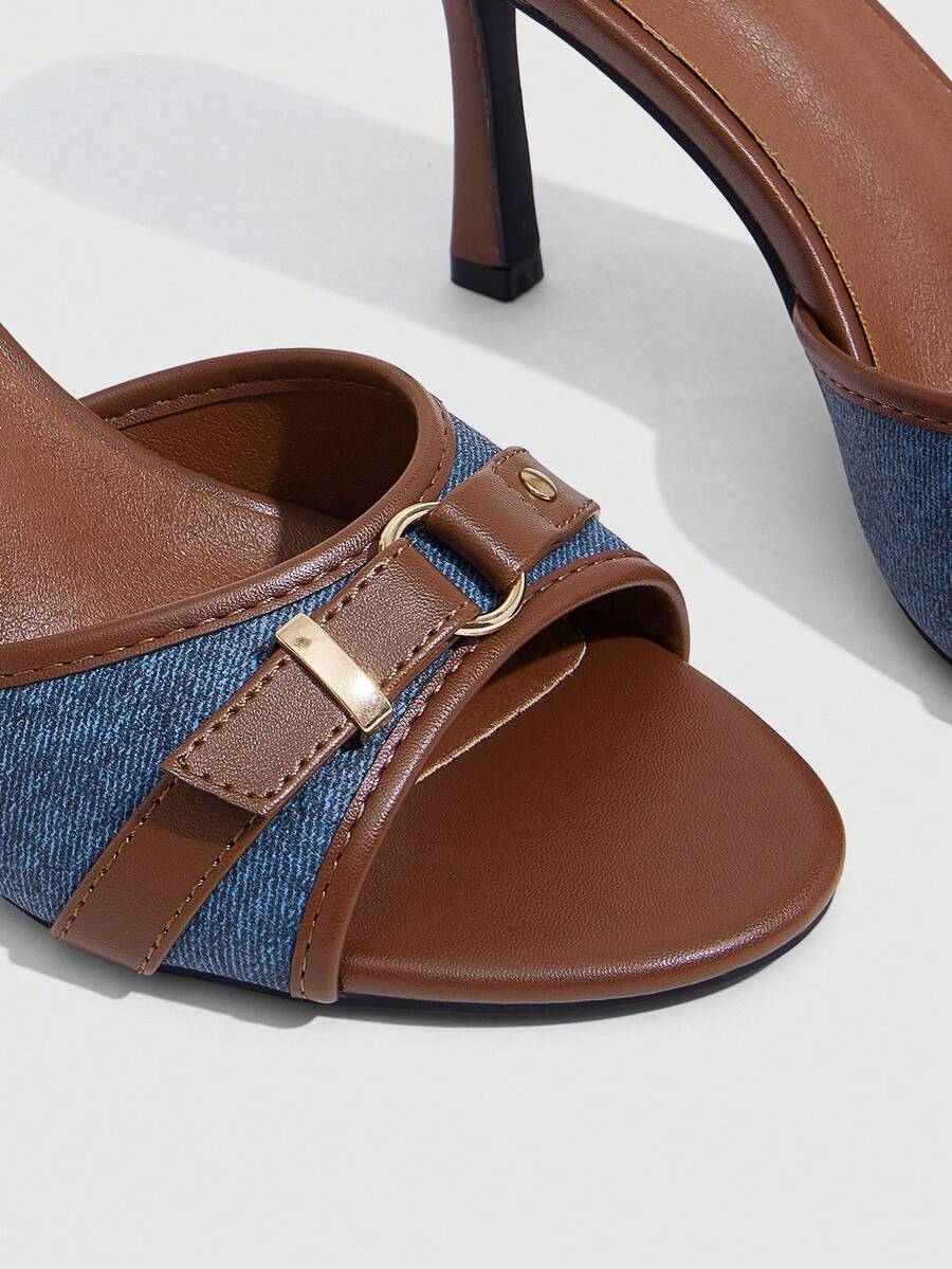 Brown PU leather open round toe high heel mule sandals with gold buckle detail and grommet eyelets for women