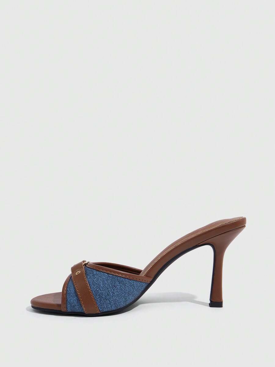 Brown PU leather open round toe high heel mule sandals with gold buckle detail and grommet eyelets for women