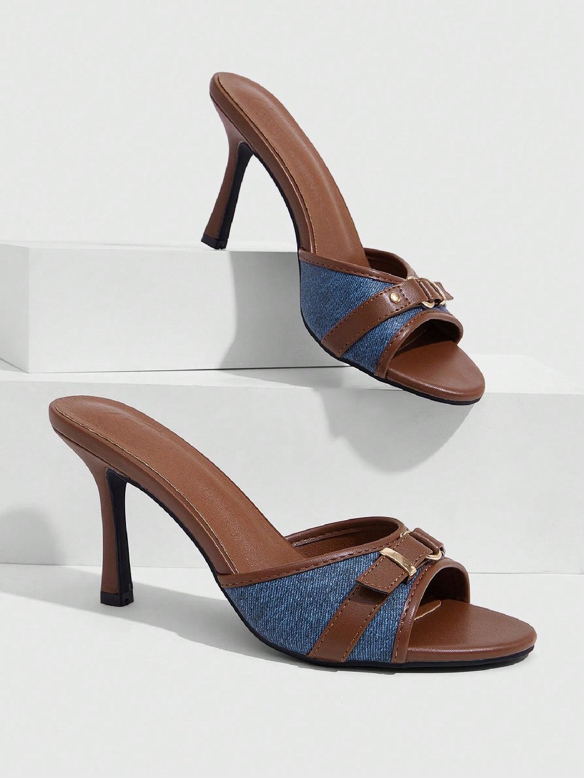 Brown PU leather open round toe high heel mule sandals with gold buckle detail and grommet eyelets for women