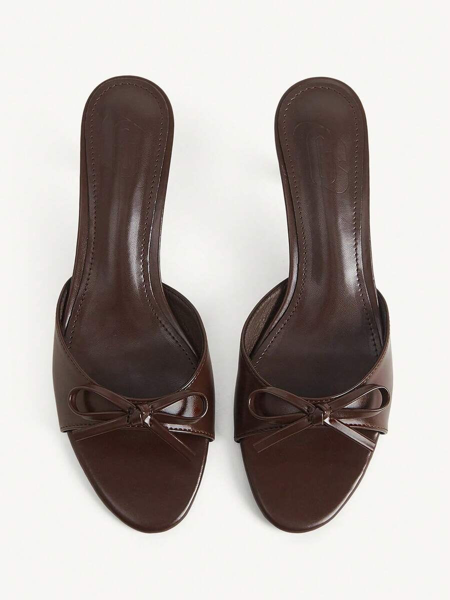Burgundy high heel sandals for women featuring an open toe, decorative bow, 5.5cm kitten heel, and slingback strap.