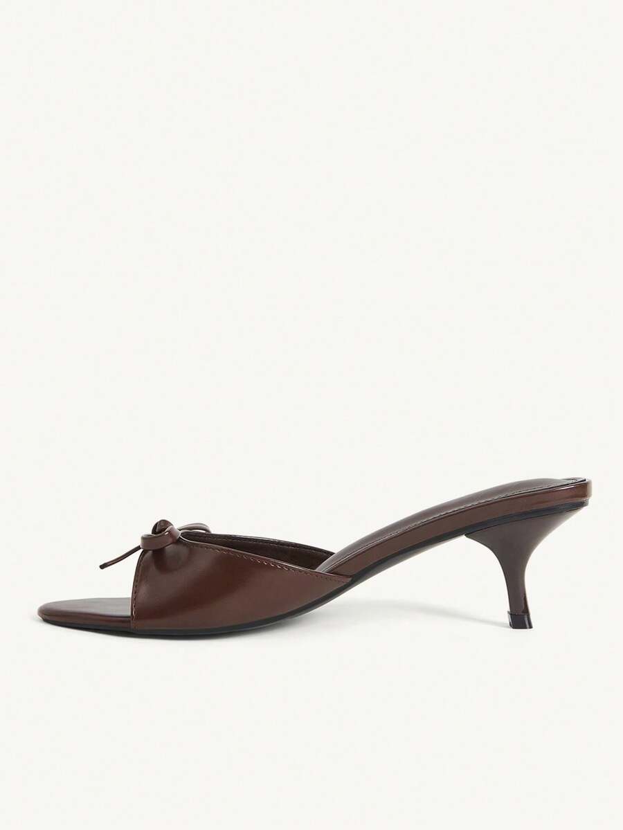 Burgundy high heel sandals for women featuring an open toe, decorative bow, 5.5cm kitten heel, and slingback strap.