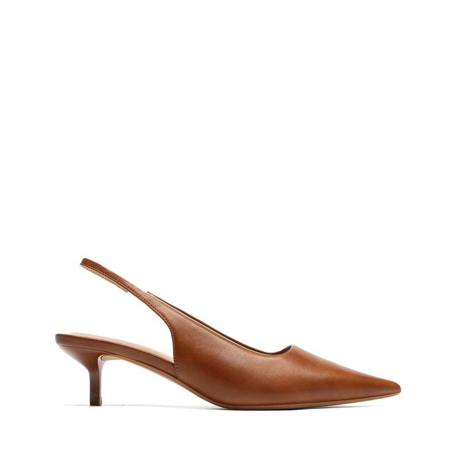 Pointed toe slingback kitten heel pumps in burgundy patent leather with low heel and slip-on strap for women