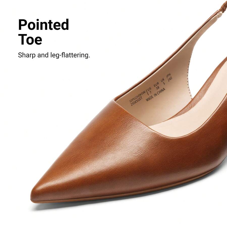 Pointed toe slingback kitten heel pumps in burgundy patent leather with low heel and slip-on strap for women