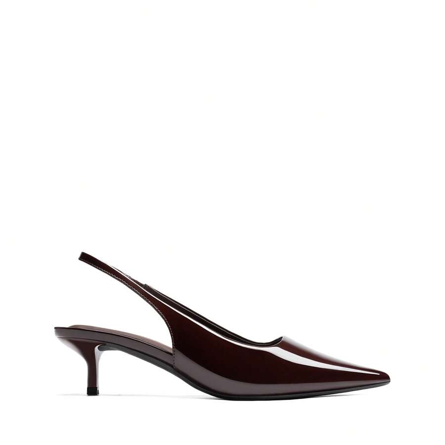 Pointed toe slingback kitten heel pumps in burgundy patent leather with low heel and slip-on strap for women