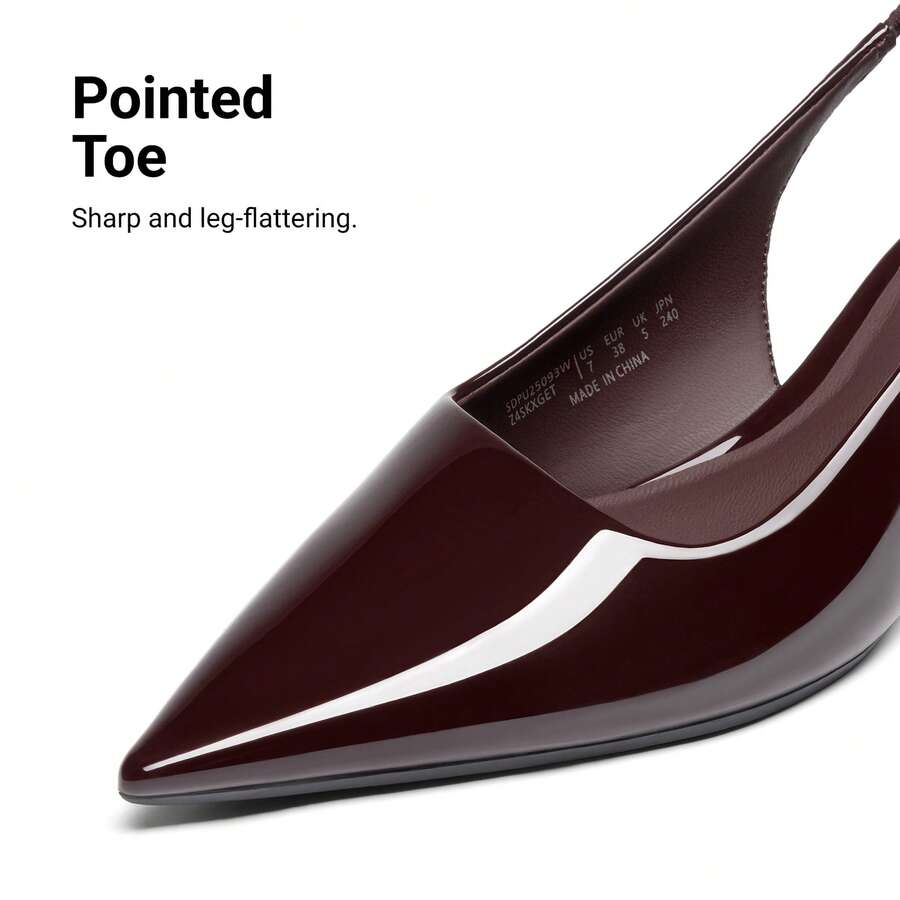 Pointed toe slingback kitten heel pumps in burgundy patent leather with low heel and slip-on strap for women