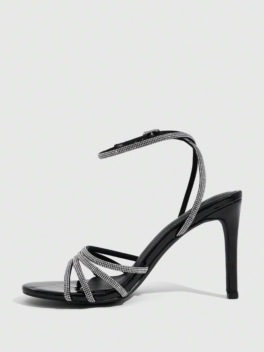 Silver rhinestone stiletto high heel sandals with open toe and adjustable ankle strap buckle