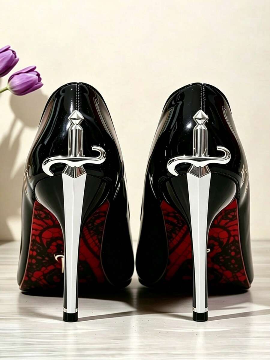 Glossy black pointed toe stiletto high heel pumps with bow detail for women