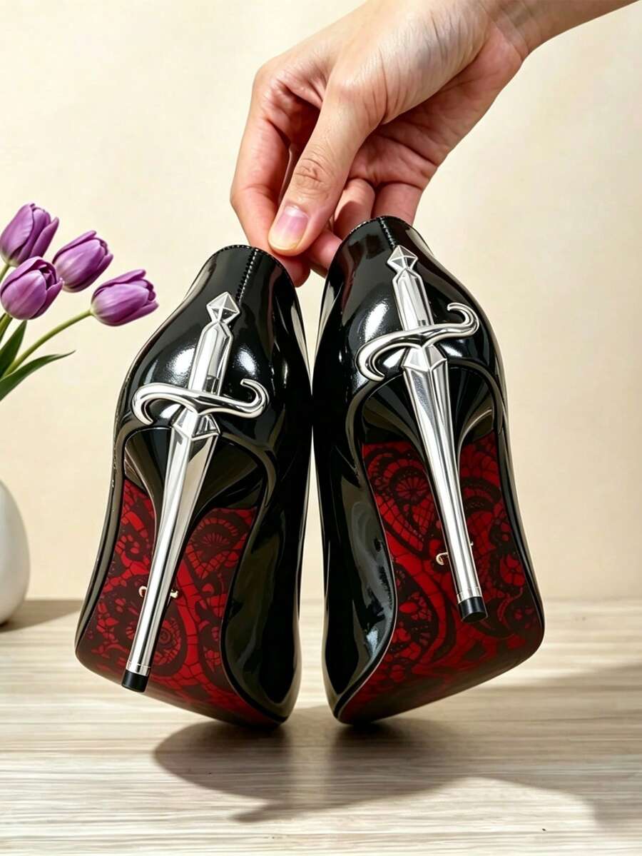 Glossy black pointed toe stiletto high heel pumps with bow detail for women