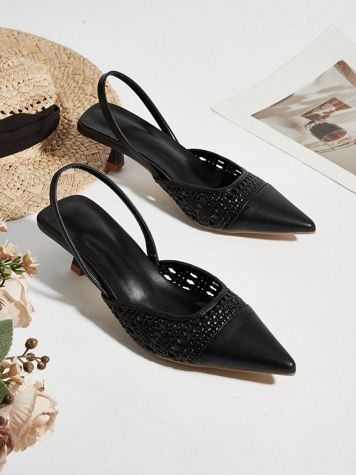 Women's pointed toe kitten heel pumps with leopard print suedette finish and slingback back strap.