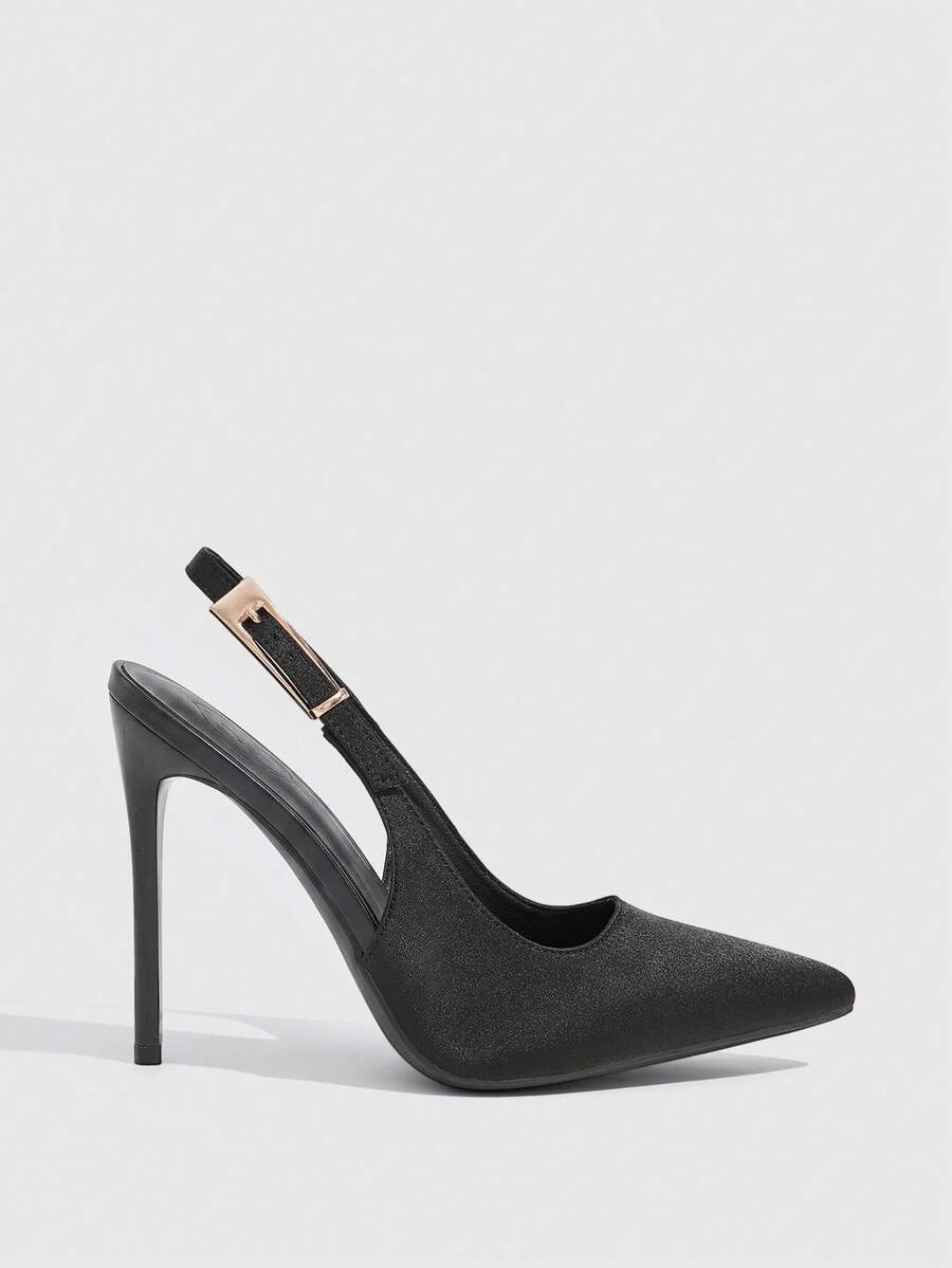 Pointed toe stiletto high heel evening party pumps featuring an ankle strap with buckle closure.
