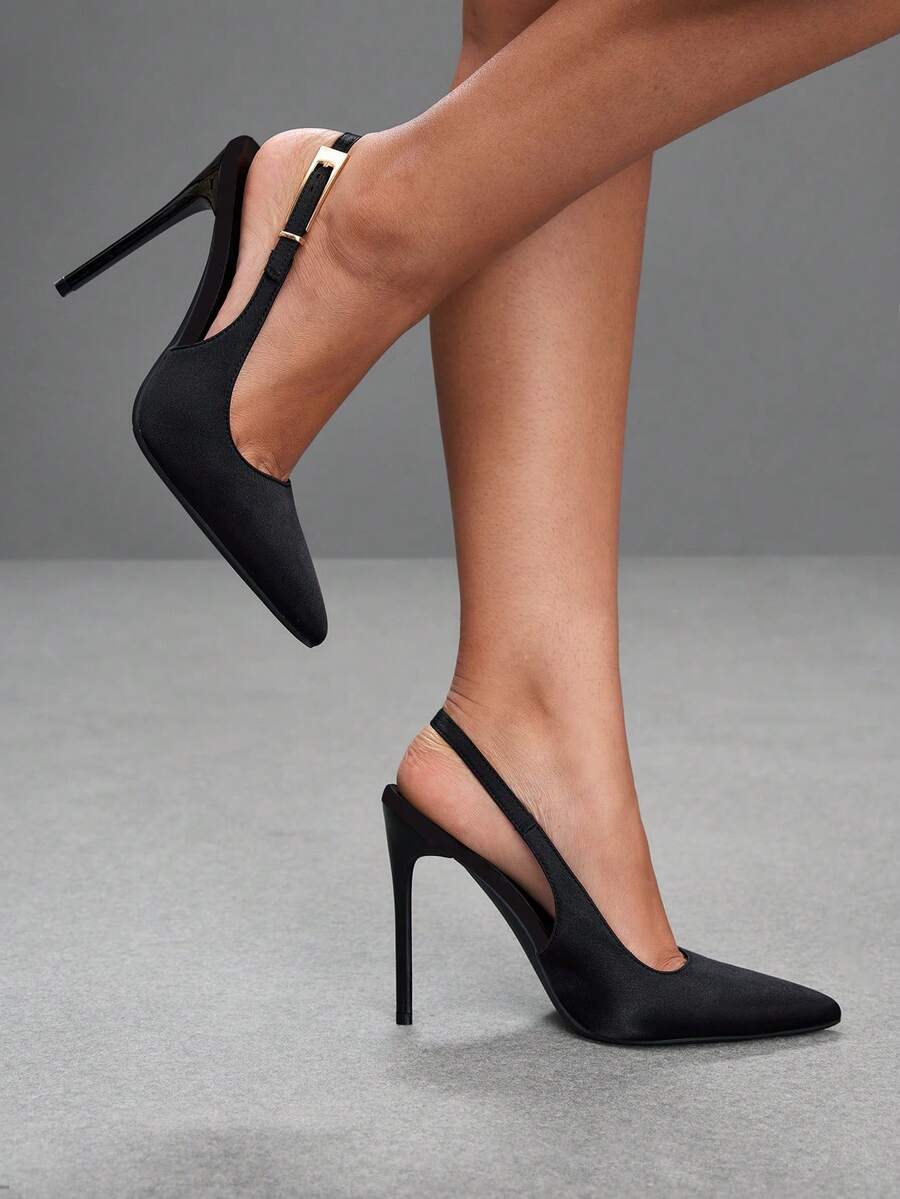 Pointed toe stiletto high heel evening party pumps featuring an ankle strap with buckle closure.
