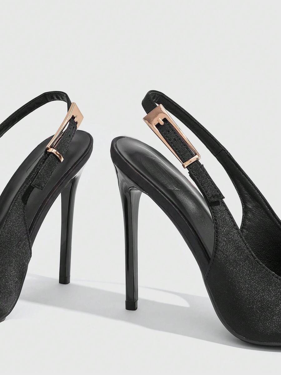 Pointed toe stiletto high heel evening party pumps featuring an ankle strap with buckle closure.