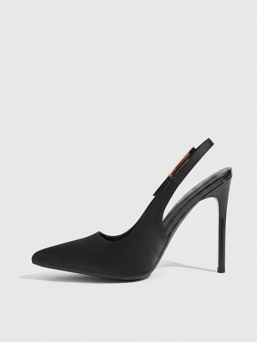 Pointed toe stiletto high heel evening party pumps featuring an ankle strap with buckle closure.