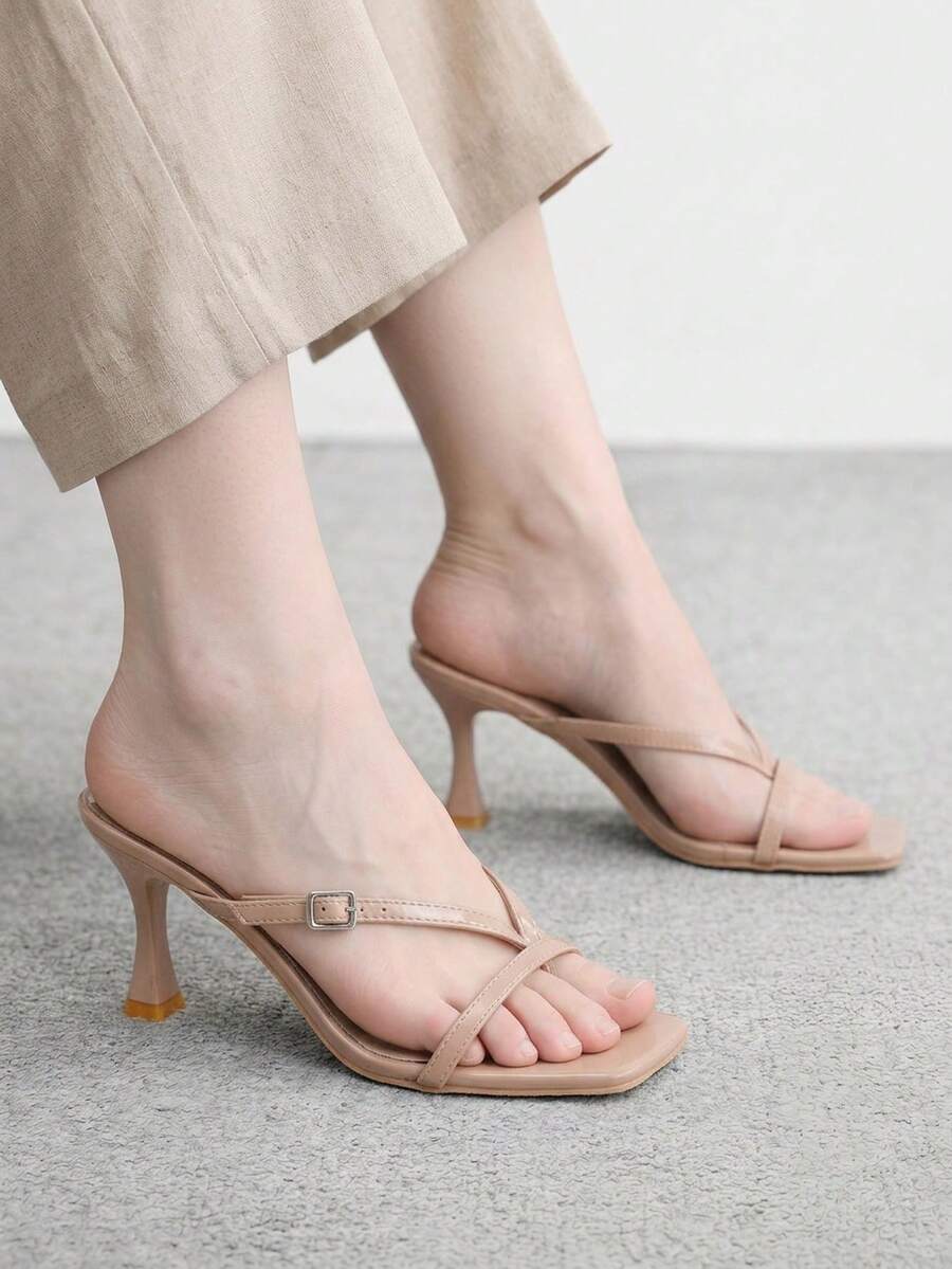 Burgundy square toe kitten heel flip-flops sandals with buckle slingback strap for women