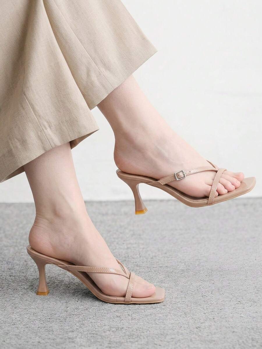 Burgundy square toe kitten heel flip-flops sandals with buckle slingback strap for women