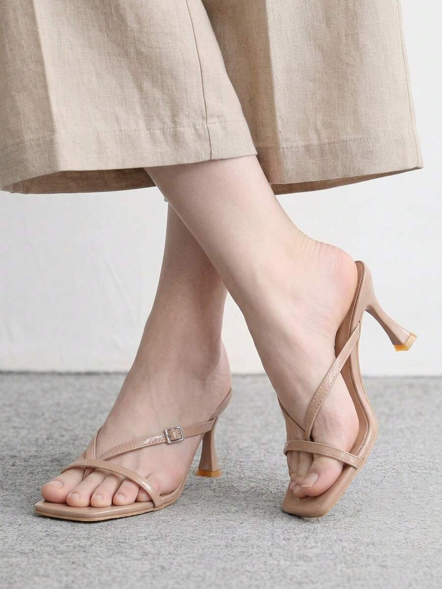 Burgundy square toe kitten heel flip-flops sandals with buckle slingback strap for women